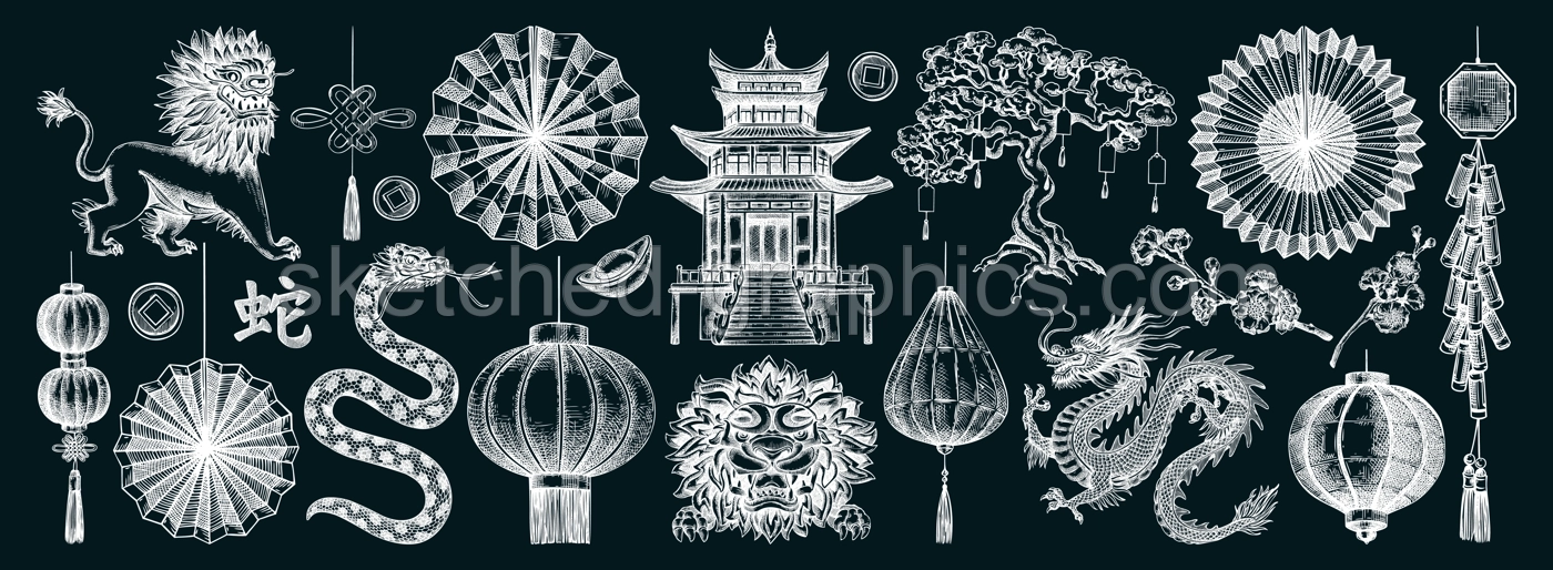 Traditional China chalk drawing set. Chinese New Year decoration. Hand-drawn vector illustrations. NOT AI generated Illustration